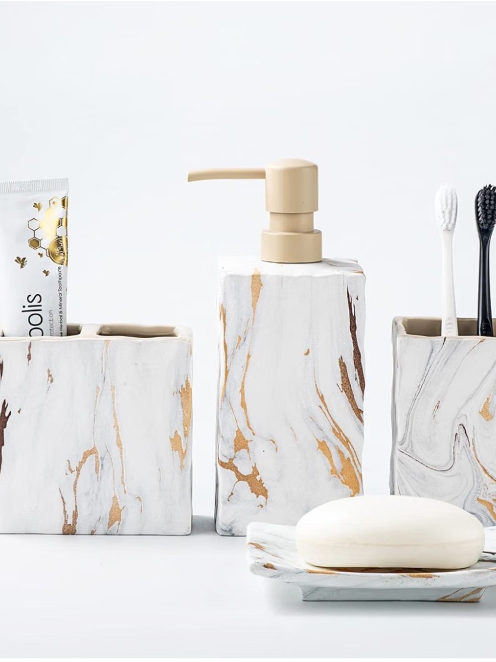 Marble Gold Accent Bathroom Accessory Set - White and Gold NIB